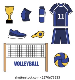 Object element set of volleyball with volleyball uniform, knee support, shoes, ball, volleyball net, champion cup, sport water bottle and whistle. Cartoon vector illustration on white background.