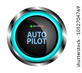 The object in the form of a black button in a metal case with neon lights in blue, with an auto pilot inscription. Vector illustration.