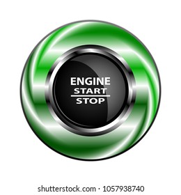The object in the form of a black button in a metal case with a neon green backlight, with an inscription start, stop, engine. Vector illustration.