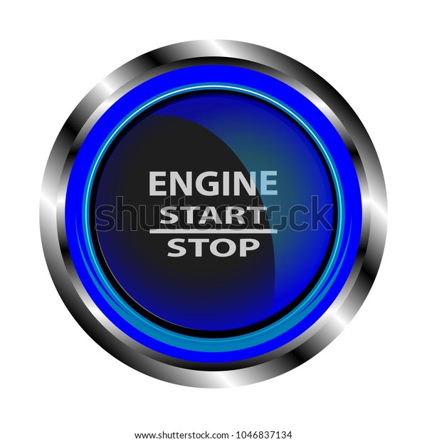 The object in the form of a\
black button to start the engine in a metal case with neon blue\
lights, with the inscription start, stop, engine. Vector\
illustration.