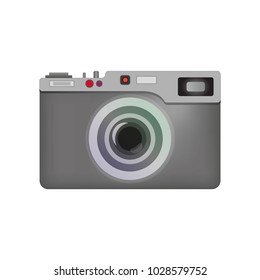 The object in the form of a camera of gray color, flat icon, lens with lenses and highlights, buttons and flash. Glass indicators. Background of the application.