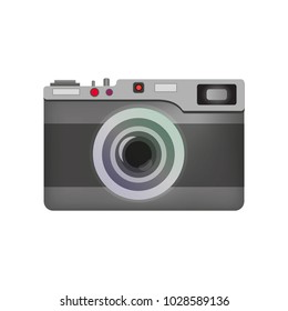 The object in the form of a camera of gray color, flat icon, lens with lenses and highlights, buttons and flash. Glass indicators. Background of the application.