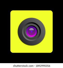 An object in the form of a camera with a lens in a yellow case is depicted.