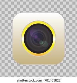 An object in the form of a camera with a lens in a yellow case is depicted.