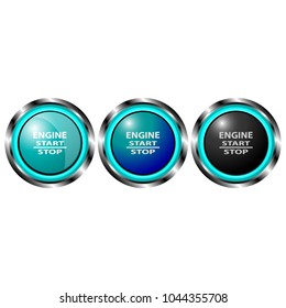 The object in the form of the engine start button in a metal case with neon lights, with the inscription start, stop, engine. Vector illustration.