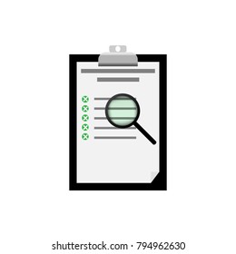 An object in the form of a tablet with a clip, a piece of paper and a magnifying glass with magnifying glass is depicted.