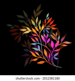 The object is a graceful multicolored twig with leaves. Mixed media. Vector illustration