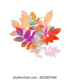 The object is a graceful multicolored twig with leaves. Bouquet of rainbow leaves. Mixed media. Vector illustration