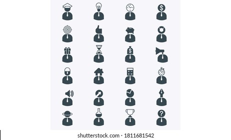 Object heads. Businessman with an object instead of a head. Characters, position, role in the company. People icons. Flat vector cartoon illustration.