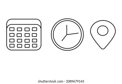 Object, Icon, Line Art Of Calendar, Clock And Location Icons