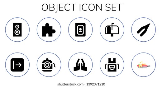 object icon set. 10 filled object icons.  Simple modern icons about  - Woofer, Send, Puzzle, Dental floss, Book, Pray, Mailbox, Apron, Pliers, pan