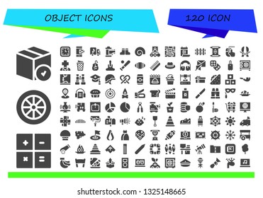 object icon set. 120 filled object icons.  Collection Of - Package, Calculator, Wheel, Wall clock, Message, Truck, Film, Boots, Shell, Tasks, Maze, Calendar, Fence, Scroll, Clicking