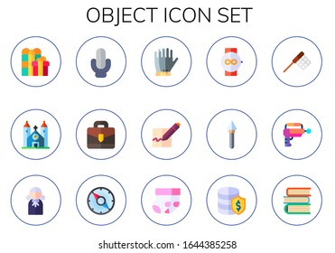 object icon set. 15 flat object icons.  Simple modern icons such as: gifts, cathedral, microphone, briefcase, gloves, signature, watch, spear, net, blaster, judge, compass, socks