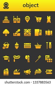 object icon set. 26 filled object icons.  Collection Of - Buoy, Placeholder, Walkie talkie, Shopping cart, Dress, Broccoli, Pipette, 3d printing scanner, Folder, Baggage, Basket
