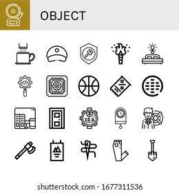object icon set. Collection of Alarm, Coffee cup, Cap, Key, Torch, Bed, Process, Cpu, Basketball, Coupon, Sewer, Learning, Door, Stopwatch, Clock, Lifebuoy, Axe, Poster icons