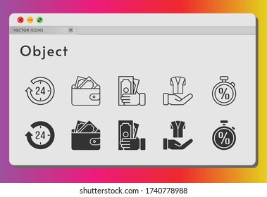 object icon set. included 24-hours, wallet, money, jacket, stopwatch icons on white background. linear, filled styles.