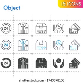 object icon set. included 24-hours, shirt, package, discount, credit card icons on white background. linear, bicolor, filled styles.