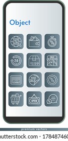 conjunto de iconos de objeto. incluido las 24 horas, venta, cartera, paquete, tienda, chat, carrito de la compra, descuento, código de barras, abierto, internet, iconos de cronómetro sobre el fondo del diseño del teléfono. estilos lineales.