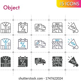 object icon set. included calendar, megaphone, shirt, shop, delivery truck icons on white background. linear, bicolor, filled styles.