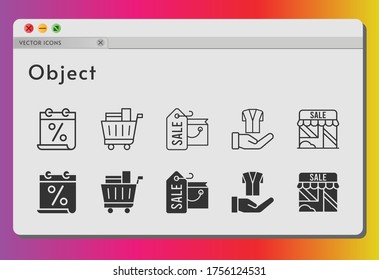 object icon set. included calendar, shopping bag, shop, shopping cart, jacket icons on white background. linear, filled styles.