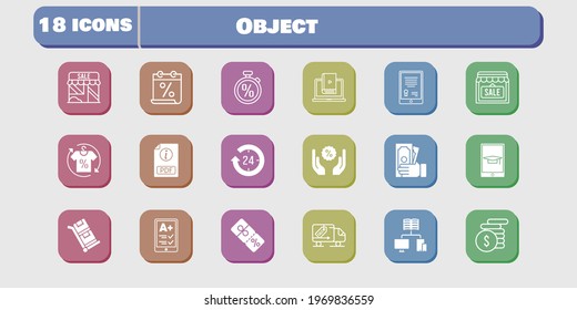 object icon set. included calendar, shop, learn, discount, delivery truck, trolley, tablet, ereader, 24-hours, shirt icons on white background. linear, filled styles.