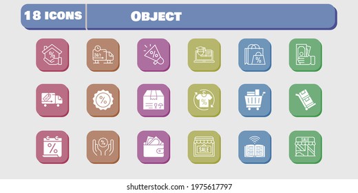 object icon set. included calendar, megaphone, wallet, shop, package, book, discount, training, delivery truck, trolley icons on white background. linear, filled styles.