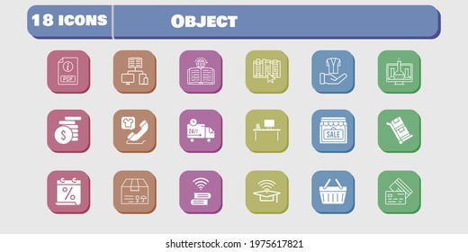 object icon set. included calendar, chemistry, shop, package, book, jacket, shopping-basket, learning, delivery truck, trolley icons on white background. linear, filled styles.