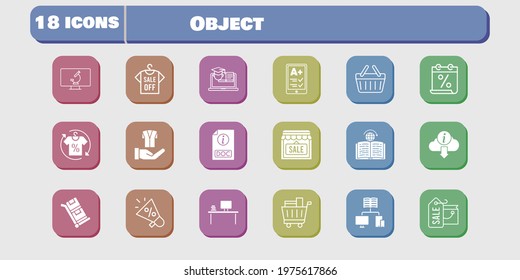 object icon set. included calendar, megaphone, shop, jacket, learning, training, microscope, shopping basket, trolley, shopping bag icons on white background. linear, filled styles.