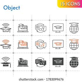 object icon set. included cap, homework, school, training, student, desktop icons on white background. linear, bicolor, filled styles.