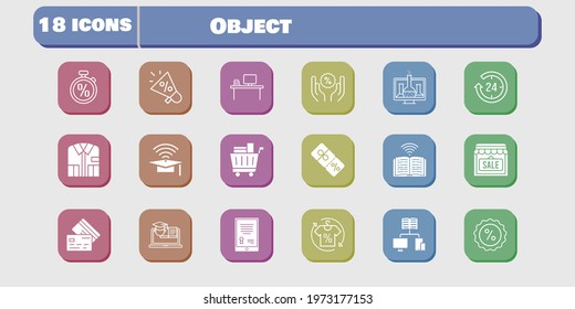 object icon set. included chemistry, megaphone, shop, book, discount, training, tablet, 24-hours, shirt, desktop, cap icons on white background. linear, filled styles.