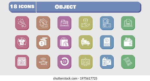 object icon set. included chemistry, megaphone, wallet, shop, learn, jacket, training, delivery truck, trolley, shopping bag icons on white background. linear, filled styles.