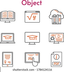object icon set. included cloud, tablet, ebook, student, laptop, pdf, instructor, maths, touchscreen, desktop icons. bicolor styles.