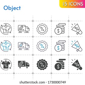 conjunto de iconos de objeto. incluye megáfono, camisa, dinero, descuento, iconos de camiones de entrega en fondo blanco. estilos lineales, bicolores, rellenos.
