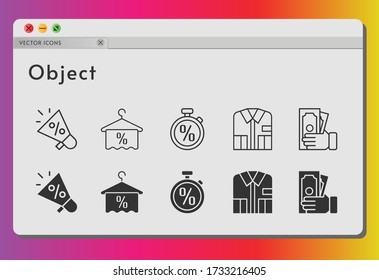 Objektsymbol gesetzt. inklusive Megaphon, Hemd, Geld, Handtuch, Stoppuhr Icons auf weißem Hintergrund. lineare, ausgefüllte Stile.