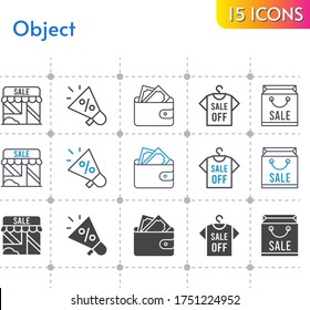 Objektsymbole gesetzt. enthält Megaphon, Einkaufstasche, Geschäft, Brieftasche, Shirt-Symbole auf weißem Hintergrund. linear, bicolor, gefüllte Stile.