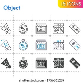 object icon set. included megaphone, shop, discount, stopwatch icons on white background. linear, bicolor, filled styles.
