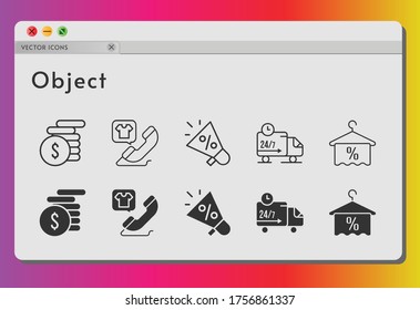 object icon set. included megaphone, money, towel, phone call, delivery truck icons on white background. linear, filled styles.