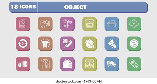 object icon set. included megaphone, wallet, shop, discount, delivery truck, shopping bag, 24-hours, books, shirt, desktop icons on white background. linear, filled styles.