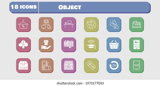 object icon set. included megaphone, package, shop, book, discount, jacket, shopping-basket, training, ereader, 24-hours icons on white background. linear, filled styles.