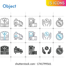 conjunto de iconos de objeto. incluyeron camisa, dinero, descuento, camión de reparto, íconos de cronómetro sobre fondo blanco. estilos lineales, bicolores, rellenos.