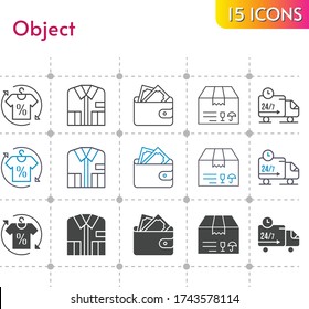 object icon set. included shirt, wallet, package, delivery truck icons on white background. linear, bicolor, filled styles.
