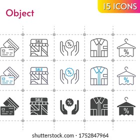 conjunto de iconos de objeto. tienda, camisa, toalla, descuento, iconos de tarjeta de crédito en fondo blanco. estilos lineales, bicolores, rellenos.