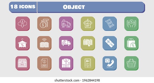 object icon set. included shop, book, discount, delivery truck, shopping basket, trolley, shopping bag, ereader, pdf icons on white background. linear, filled styles.