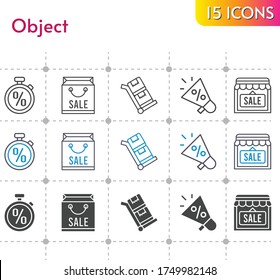 conjunto de iconos de objeto. incluyeron bolso de compra, megáfono, tienda, cronómetro, íconos de carro sobre fondo blanco. estilos lineales, bicolores, rellenos.