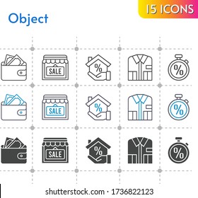 conjunto de iconos de objeto. incluyeron cartera, tienda, hipoteca, camisa, íconos de cronómetro sobre fondo blanco. estilos lineales, bicolores, rellenos.
