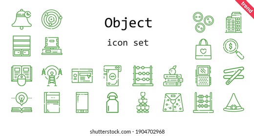 object icon set. line icon style. object related icons such as antenna, loupe, website, smartphone, buttons, bookshelf, book, milk, box, sketchbook, bell, building, atoms, voice recorder, shopping bag
