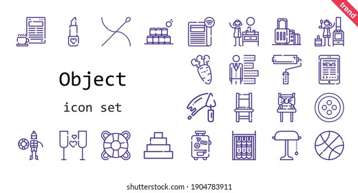 object icon set. line icon style. object related icons such as newspaper, trowel, paint roller, suitcase, bookshelf, chair, sink, lifesaver, bottles, lipstick, button, tablet, basketball, desk lamp