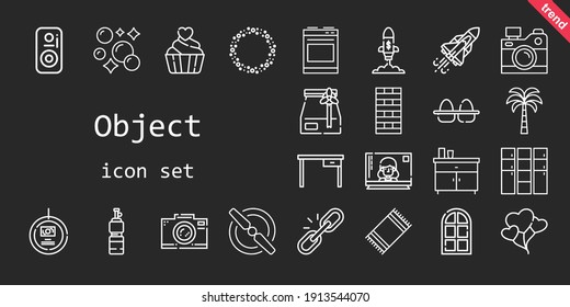 object icon set. line icon style. object related icons such as eggs, door, chimney, propeller, beach towel, oven, balloons, television, link, bottle, space shuttle, photo camera, locker, asteroid