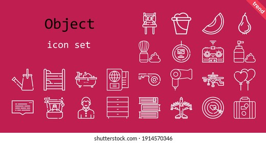 object icon set. line icon style. object related icons such as shaving brush, foam, balloons, ring, remote control, chair, dart board, speech bubble, bucket, bathtub, pear, books, passport, luggage