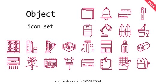 object icon set. line icon style. object related icons such as exhibition, recorder, bookshelf, usb, surfboard, harp, lamp, bell, school material, trolley, palm tree, folder, wiper, sharpener, stove